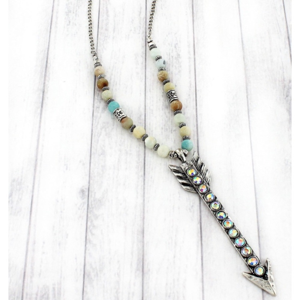 Silvertone Iridescent Crystal Arrow Bead Necklace